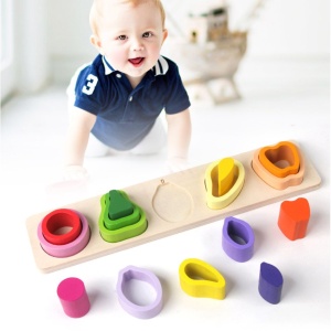 Jucarie Montessori din Lemn, Tip Puzzle, cu 5 Forme Asimetrice, 15 Piese, Model Fructe, Educativa, Interactiva, Creativa, Materiale Non Toxice, +2 Ani, 29x6.5 cm, Multicolor - Img 4
