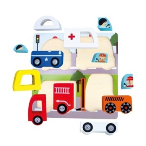 Jucarie Montessori, Tip Puzzle 3D, din Lemn, +36 Luni, Model Masini, 18 x 18 x 1.5 cm, Multicolor - Img 3