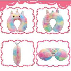 Perna de Calatorie in Forma de U, Pentru Gat si Cap, Umplutura din Spuma cu Memorie, 30x30 cm, Model Unicorn, Accesoriu de Voiaj, Birou, Masina, Sistem Prindere Capse, Multicolor - Img 3