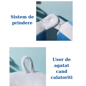 Perna de Calatorie, Pentru Gat si Cap, Umplutura din Bumbac, 28x28x10 cm, cu Model Brodat Delfin, Albastru - Img 5