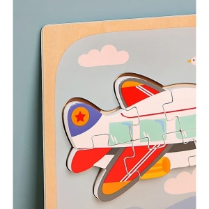 Puzzle Montessori din Lemn pentru Copii, 3D, 0-3 Ani, Model Avion, Educativ, Intuitiv, Creativ, 6 Piese, 15x15x0.5 cm, Multicolor - Img 5