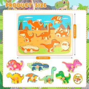 Puzzle Montessori din Lemn pentru Copii, 3D, 0-3 Ani, Model Dinozauri, 8 Piese, 30x22.5x0.8 cm, Multicolor - Img 4