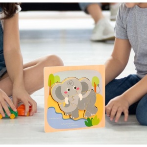 Puzzle Montessori din Lemn pentru Copii, 3D, 0-3 Ani, Model Elefant, Educativ, Intuitiv, Creativ, 4 Piese, 15x15x0.5 cm, Multicolor - Img 5