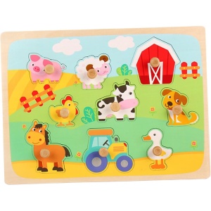 Puzzle Montessori din Lemn pentru Copii, 3D, 0-3 Ani, Model Ferma, Educativ, Intuitiv, Creativ, 9 Piese, 30x22.5x0.8 cm, Multicolor - Img 2