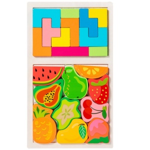 Puzzle Montessori din Lemn pentru Copii, Tip Tetris 2in1 +3 Ani, cu Fructe Colorate 3D,21 de Piese, 28.5x17x1.2 cm, Multicolor - Img 1