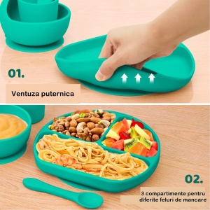 Set 5 piese diversificare bebelusi si copii din silicon baveta, farfurie compartimentata cu ventuza, bol cu ventuza, tacamuri, fara alergeni, verde - Img 3