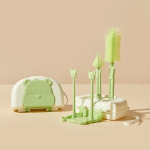 Set 7 Piese de Spalat/Uscat Biberoane, Portabil, Peri de Silicon, pentru Tetine, Suzete, Biberoane, Paie, Cutie Inclusa, 16 x 11 x 5 cm, Model Ursulet, Verde - Img 3