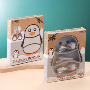 Set diversificare bebelusi din silicon, 1 farfurie compartimentata in forma de pinguin, lingurita si furculita, pai, perie pai, fara alergeni, ventuza fixare, gri - Img 6
