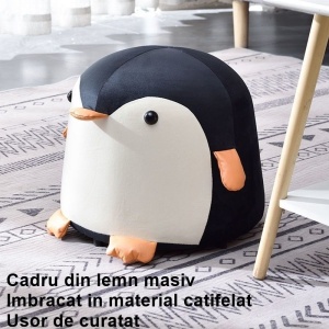 Taburet Pentru Copii, Cadru din Lemn Masiv, 25 x 29 x 29 cm, Perna de Burete Elastica si Maner de Transport, in Forma de Pinguin, Negru - Img 3