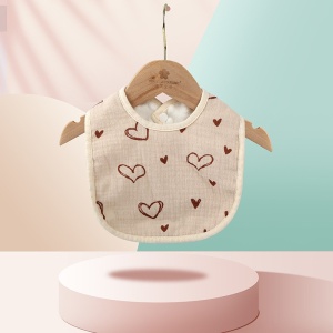 Baveta in Forma de U, din Bumbac, pentru Copii 0-12 Luni, Rezistenta la Apa, cu Capse, Model cu Inimoare, 21x30 cm, Bej - Img 2