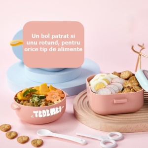 Caserola pentru copii lunch box, 750 ml, doua boluri, lingura, foarfeca din plastic, rezistenta la scurgeri, Roz - Img 3