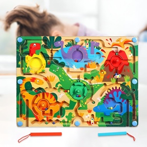Joc Montessori de Sortare Culori, Creion Magnetic, Tip Labirint Ilustrat, din Lemn, Model Dinozauri, 39x29x1.5 cm - Img 5