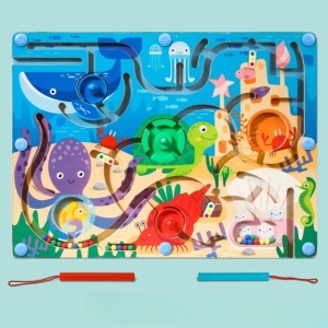 Joc Montessori de Sortare Culori, Creion Magnetic, Tip Labirint Ilustrat, din Lemn, Model Animale Marine, 39x29x1.5 cm - Img 3