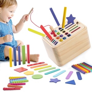 Jucarie Educativa Montessori din Lemn, Cutie Sortare Forme, Culori si Betisoare, Joc de Insirare, 56 piese,3+ ani, Multicolor - Img 5