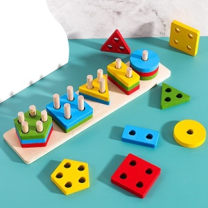 Jucarie Educativa Tip Montessori, din Lemn, + 36 Luni, Forme Geometrice, 20 Piese, 6 x 26.5 cm, Multicolor