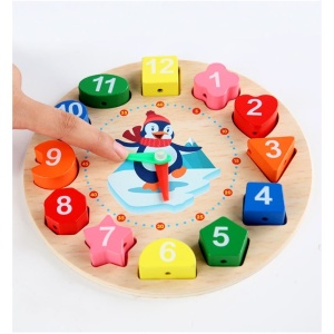 Jucarie Educativa , Tip Montessori, Model Ceas Pinguin, din Lemn, + 36 Luni, 12 Piese, 17.2 cm, Multicolor - Img 5