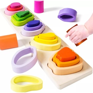 Jucarie Montessori din Lemn, Tip Puzzle, cu 5 Forme Asimetrice, 15 Piese, Model Fructe, Educativa, Interactiva, Creativa, Materiale Non Toxice, +2 Ani, 29x6.5 cm, Multicolor - Img 2