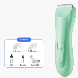 Masina De Tuns Bebelusi si Copii, Lame Cermice si Inox, Fara Fir, Functie Anti Taiere, Silentios, 50 W, Rezistent la Apa, 2 Accesorii, Incarcator USB, Verde deschis - Img 2