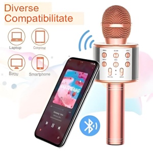 Microfon Karaoke, pentru Copii, Bluetooth, Boxa Incorporata, Compatibil cu Orice Smartphone, Acumulator Integrat, Multifunctional, Rose Gold - Img 5
