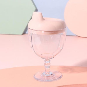 Pahar din Plastic Transparent cu Picior, pentru Copii, 14 x 7.7 cm, cu Cioc Antiscurgere, + 3 Ani, Fara Maner, Roz - Img 2