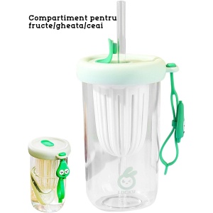 Pahar din silicon, cu capac si pai, pentru copii, anti-cadere, 500ml, Verde - Img 2