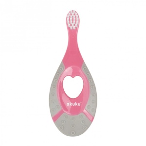 Periuta de dinti Akuku First brush bebelusi si copii, maner silicon, recomandat pentru 0-2 ani, roz/gri