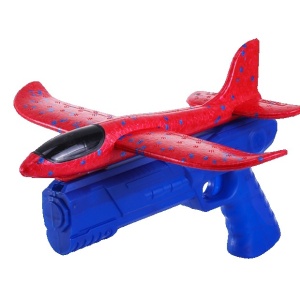 Pistol cu Lansator de Avion, din Polistiren+Plastic, +3 Ani, Avion 38 cm, Lansare 10 m, Albastru/Rosu