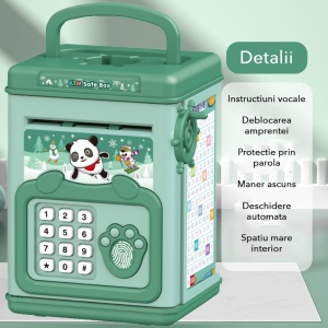 Pusculita pentru Copii, pusculita pentru economii SMART BOX cu efecte sonore, Tip ATM, cu Parola cu Amprenta, din plastic, 20 x 13.5 x 11.5 cm Verde - Img 2