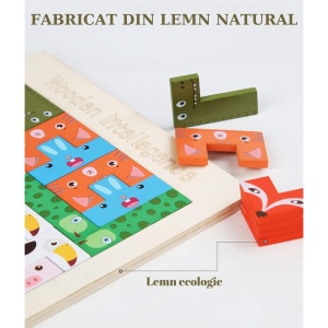 Puzzle din Lemn Tip Tetris, +4 Ani, cu Animale Colorate 3D, 40 Piese, Multicolor - Img 6