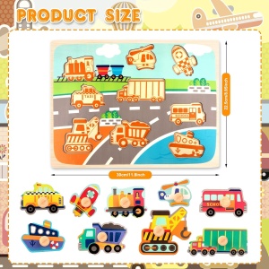 Puzzle Montessori din Lemn pentru Copii, 0-3 Ani, 3D, Model Transporturi, Educativ, Intuitiv, Creativ, 9 Piese, 30x22.5x0.8 cm, Multicolor - Img 4