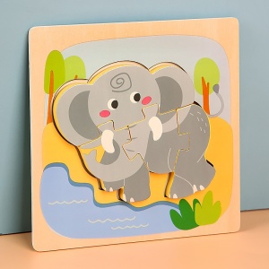 Puzzle Montessori din Lemn pentru Copii, 3D, 0-3 Ani, Model Elefant, Educativ, Intuitiv, Creativ, 4 Piese, 15x15x0.5 cm, Multicolor - Img 2