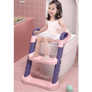 Reductor si Scaunel Inaltator WC, pentru Copii 1 - 7 Ani, 2 Trepte Reglabile, Pliabil, Colac Moale, cu Spatar si Manere, Inaltime 54/58 cm x 39.5 x 35 cm, din Plastic+PVC, Roz/Mov - Img 6