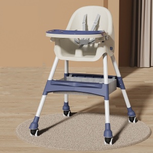 Scaun de masa pentru bebelusi si copii cu roti, telescopic, pliabil, masuta reglabila, suport picioare, scaun invelis piele artificiala, 97 x 73 x 65 cm, albastru - Img 5