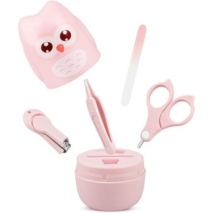 Set 4 Piese Ingrijire Unghii Bebelusi, din ABS+Otel Inoxidabil, Cutie de Depozitare Tip Bufnita, de la 0 Luni, 11.5 x 5 x 11.5 cm, Roz