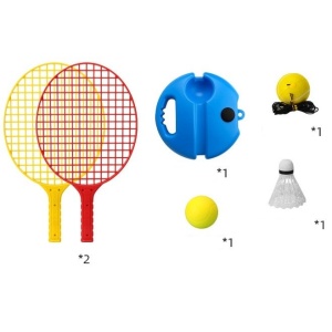 Set Badminton pentru Copii, Doua Palete, Fluturas, 2 Mingi, Minge cu Elastic pentru Antrenament, Suport de Prindere Stabil, 40.5x23 cm, Rosu Galben - Img 2