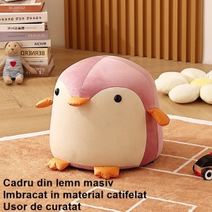 Taburet Pentru Copii, Cadru din Lemn Masiv, 25 x 29 x 29 cm, Perna de Burete Elastica si Maner de Transport, in Forma de Pinguin, Roz - Img 4