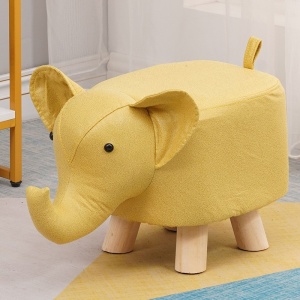 Taburet pentru Copii, Scaun Tip Taburet, Model Elefant, din Lemn Masiv, Scaun pentru Copii, 30 x 25 x 25 cm, Galben