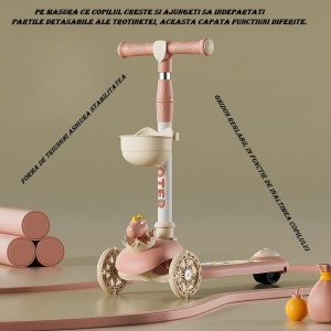 Trotineta Multifunctionala 3 in 1, pentru Copii, 1-7 Ani, cu Lumini si Muzica, Reglabil 360, Pliere Usoara, Reglarea Inaltimii, Model Dinozaur, Alb/Roz - Img 2