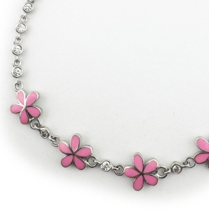 Bratara pentru Copii, Jolie, Argint 925, Model Floare, cu Email si Zirconiu, 22 cm/4.4g Argintiu/Roz - Img 3