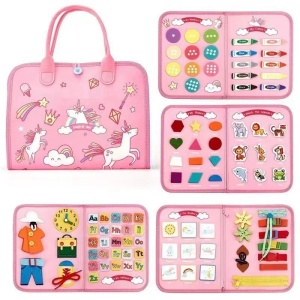 Carte Senzoriala Educativa Montessori, Dezvoltare Abilitati Motorii, 5 Pagini, Model Unicorni, 28x22x7 cm, Roz