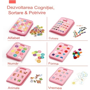 Carte Senzoriala Educativa Montessori, Dezvoltare Abilitati Motorii, 5 Pagini, Model Unicorni, 28x22x7 cm, Roz - Img 2