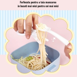 Caserola pentru copii lunch box, 750 ml, doua boluri, lingura, foarfeca din plastic, rezistenta la scurgeri, Albastra - Img 5