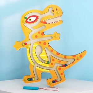 Joc Montessori cu Bile, Creion Magnetic, Tip Labirint, din Lemn, Model Tiranozaur, 21x18 cm, Portocaliu - Img 2
