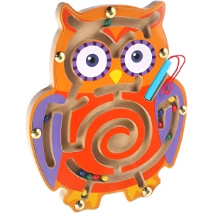 Joc Montessori cu Bile, Creion Magnetic, Tip Labirint, din Lemn, Model Bufnita, 18.5x17.5 cm, Portocaliu-Mov - Img 6
