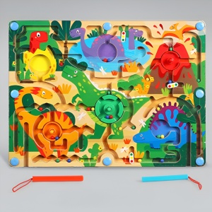 Joc Montessori de Sortare Culori, Creion Magnetic, Tip Labirint Ilustrat, din Lemn, Model Dinozauri, 39x29x1.5 cm - Img 2