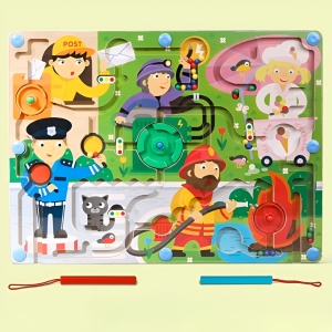 Joc Montessori de Sortare Culori, Creion Magnetic, Tip Labirint Ilustrat, din Lemn, Model Meserii, 39x29x1.5 cm - Img 2