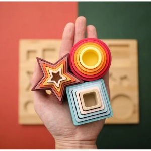 Jucarie Educativa, +12 Luni, Tip Montessori, din Lemn si Silicon, Forme Geometrice Stivuibile, 15 Piese, 27 x 19 cm, Multicolor - Img 3