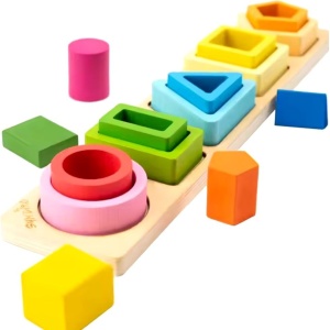 Jucarie Montessori din Lemn, Tip Puzzle, cu 5 Forme Asimetrice, 15 Piese, Educativa, Interactiva, Creativa, Model Forme Geometrice, Materiale Non Toxice, +2 Ani, 29x6.5 cm, Multicolor - Img 4