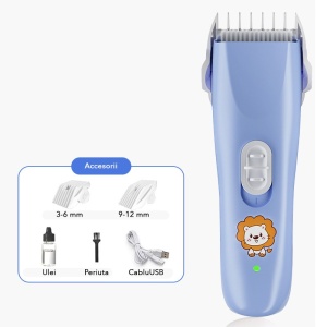 Masina De Tuns Bebelusi si Copii, Lame Cermice si Inox, Fara Fir, Functie Anti Taiere, Silentios, 50 W, Rezistent la Apa, 2 Accesorii, Incarcator USB, Model Leu, Albastru - Img 2