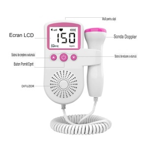 Monitor Fetal Doppler, Monitorizare Sarcina, Ritm Cardiac, Ecran LCD 4.5 cm, 2 x Baterii AA (neincluse), Portabil, din ABS, 12.8 x 9.6 x 3 - Img 3
